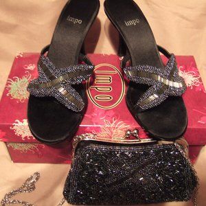 IMPO NAVY BEADED STARFISH HEELS W/ MATCHING PURSE SZ 7